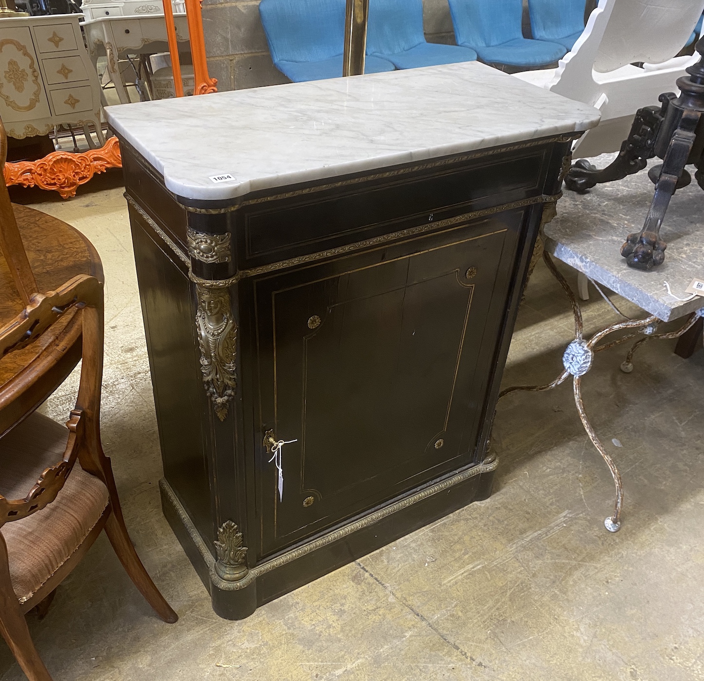 A 19th century French gilt metal mounted brass inlaid marble topped ebonised pier cabinet, width 83cm, depth 38cm, height 101cm